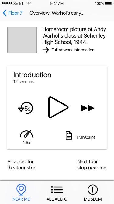 A wireframe of an early card-based design of the app. The entire screen represents the "Overview" story, while a card in the center of the screen displays audio controls.