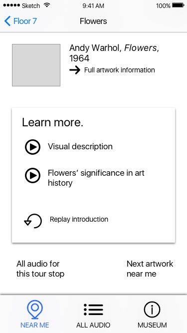 Wireframe of an early card-based prototype. The screen is currently on the "Flowers" story, with a card in the center of the screen displaying options of more audio files the user can listen to.