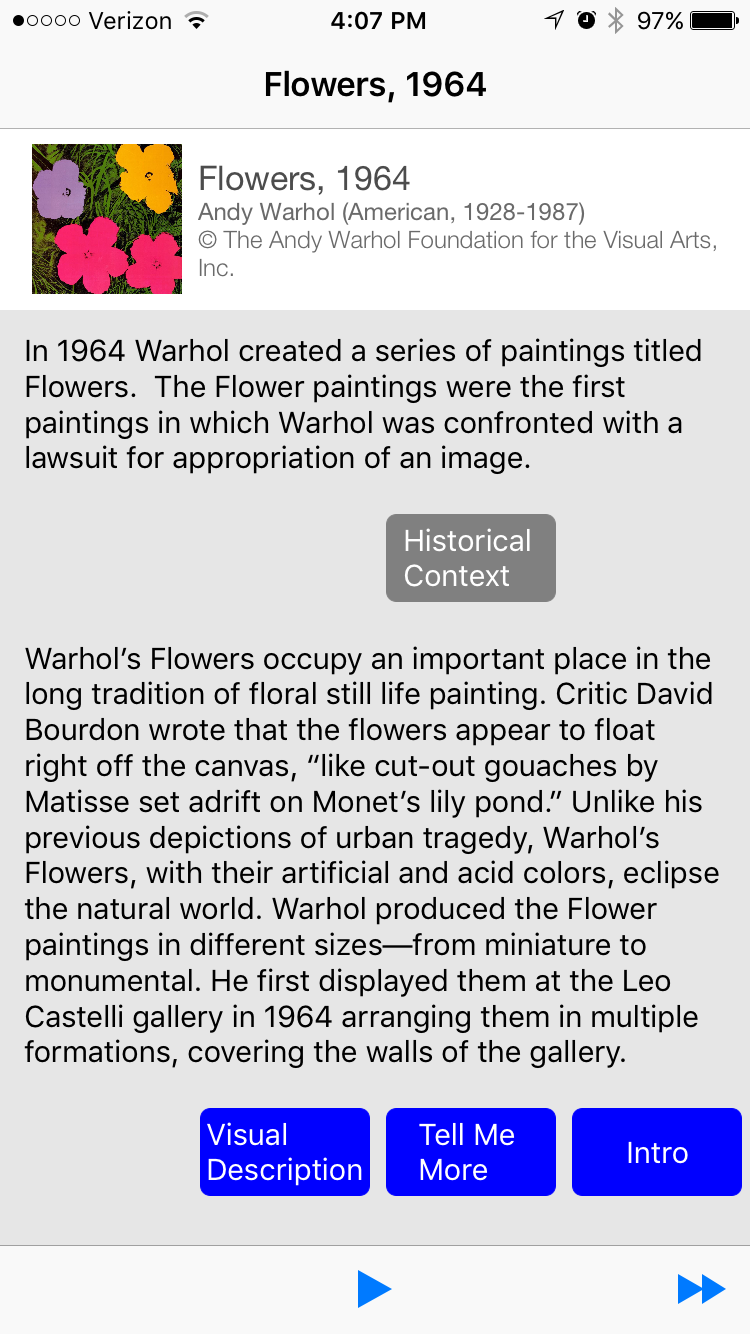 In this screen shot of a mobile application, we see a thumbnail of an artwork named "Flowers" at the top of the screen and audio controls at the bottom of the screen. In the middle of the screen are two transcripts of an audio file, with buttons below showing each transcript indicating what other content is available.