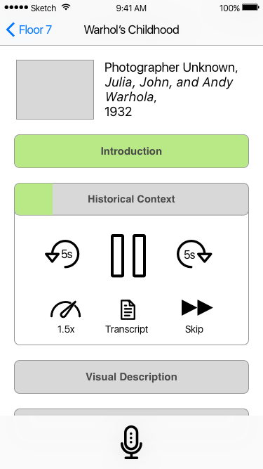 This mock-up of an application screen represents one audio guide "story" consisting of multiple audio chapters. The chapters are represented by horizontal bars stretching across the screen, with the title of the chapter written on the bar. The "introduction" bar is filled in entirely in green, where as the "historical context" bar is only green for the first fifth of the bar, while the rest is gray. Under the "historical context" bar is a set of audio controls.