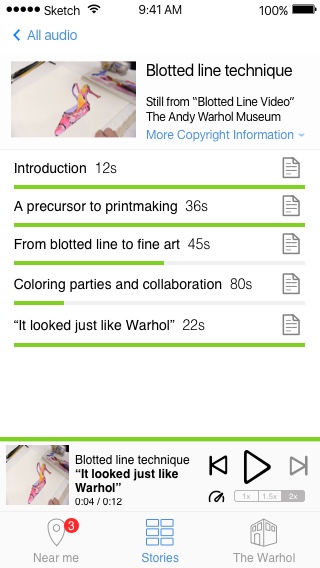 In this wireframe of the audio guide, the "chapters" within the Blotted Line Technique story are listed on the screen. At the bottom of the screen is a bar containing the audio controls. The audio control section contains a small artwork thumbnail on the left hand side, the title of the story and chapter next to it, and play, back, forward, and speed control buttons on the right-hand side.