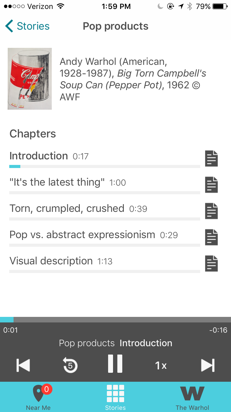 Screen shot of the final Out Loud learning player design. The player is currently playing the introduction to the Pop Products story.
