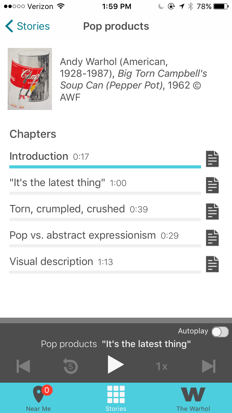 Screen shot of the final Out Loud learning player design, in which the introduction to the Pop Products story has completed and a user can select to play the following chapter.