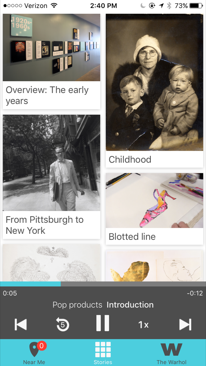Screen shot of the final Out Loud "Stories" view, with the audio player controls persisting at the bottom of the screen.