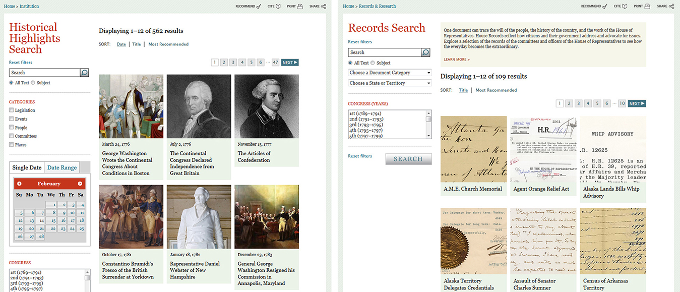 Fig. 1: Side by side comparison of Historical Highlights (left) and Records Search (right)